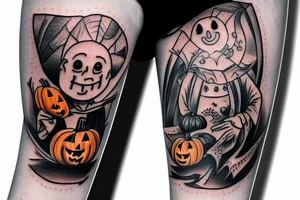 This tattoo shows a big ghost holding a small pumpkin trick-or-treat basket. The ghost could be transparent, or it could be a solid color. The pumpkin is carved with a face. The tattoo could be done in a realistic or cartoon style. tattoo idea