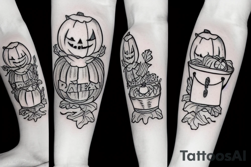 This tattoo shows a big ghost holding a small pumpkin trick-or-treat basket. The ghost could be transparent, or it could be a solid color. The pumpkin is carved with a face. The tattoo could be done in a realistic or cartoon style. tattoo idea