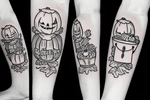 This tattoo shows a big ghost holding a small pumpkin trick-or-treat basket. The ghost could be transparent, or it could be a solid color. The pumpkin is carved with a face. The tattoo could be done in a realistic or cartoon style. tattoo idea
