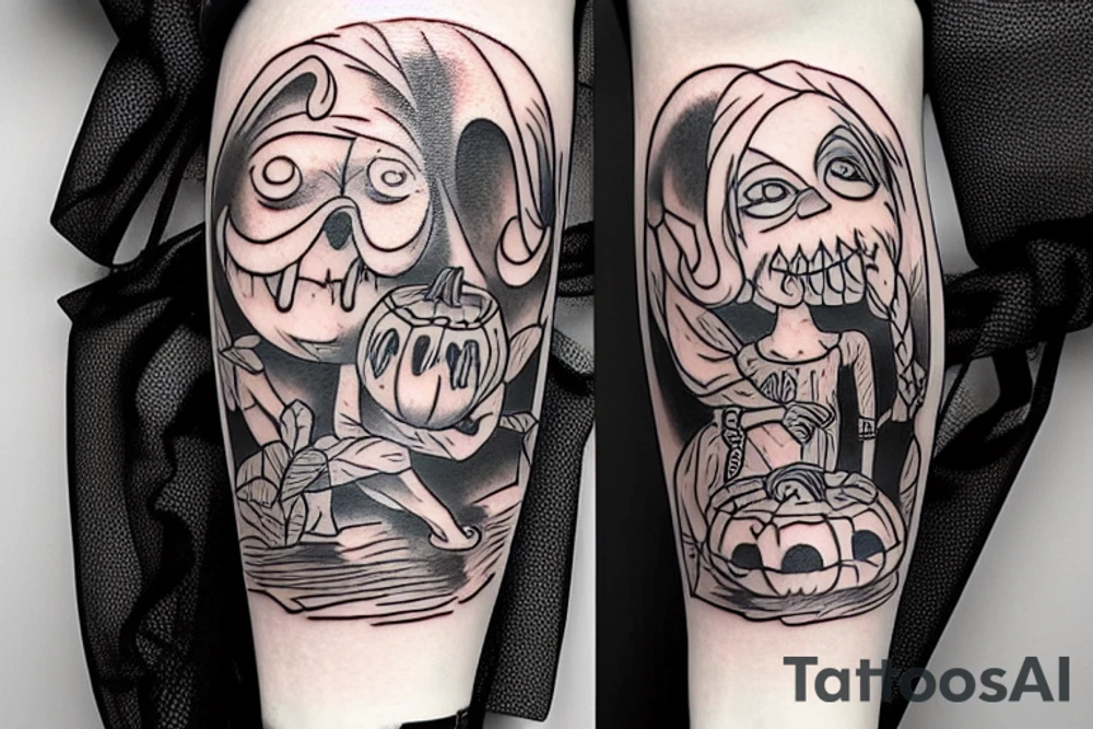 This tattoo shows a big ghost holding a small pumpkin trick-or-treat basket. The ghost could be transparent, or it could be a solid color. The pumpkin is carved with a face. The tattoo could be done in a realistic or cartoon style. tattoo idea