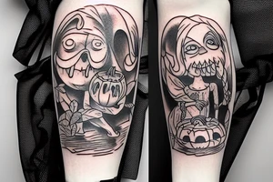 This tattoo shows a big ghost holding a small pumpkin trick-or-treat basket. The ghost could be transparent, or it could be a solid color. The pumpkin is carved with a face. The tattoo could be done in a realistic or cartoon style. tattoo idea