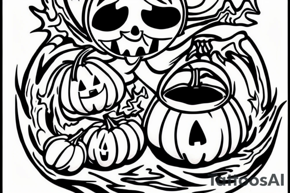 This tattoo shows a big ghost holding a small pumpkin trick-or-treat basket. The ghost could be transparent, or it could be a solid color. The pumpkin is carved with a face. The tattoo could be done in a realistic or cartoon style. tattoo idea