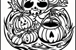 This tattoo shows a big ghost holding a small pumpkin trick-or-treat basket. The ghost could be transparent, or it could be a solid color. The pumpkin is carved with a face. The tattoo could be done in a realistic or cartoon style. tattoo idea