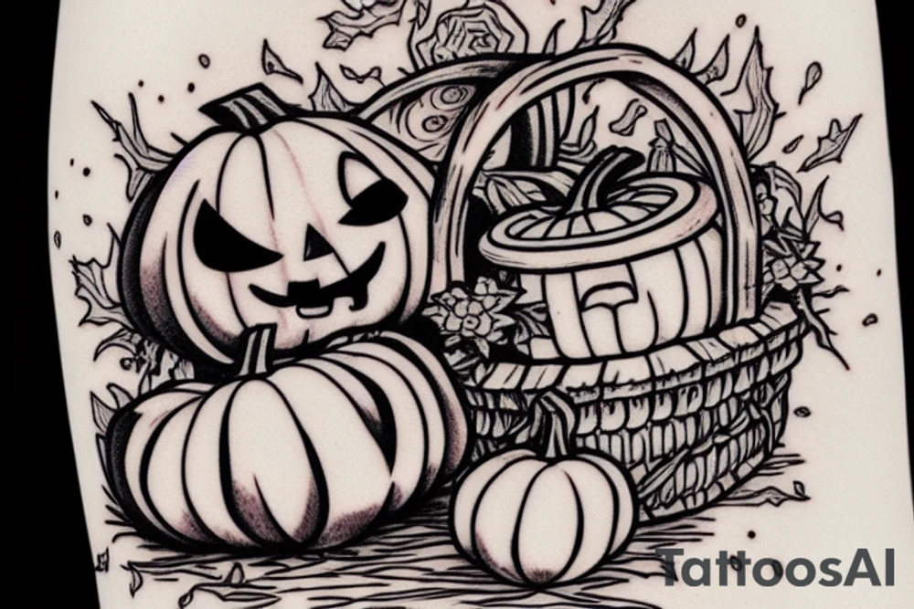 This tattoo shows a big ghost holding a small pumpkin trick-or-treat basket. The pumpkin is carved with a face. The tattoo could be done in a realistic or cartoon style. tattoo idea