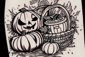 This tattoo shows a big ghost holding a small pumpkin trick-or-treat basket. The pumpkin is carved with a face. The tattoo could be done in a realistic or cartoon style. tattoo idea