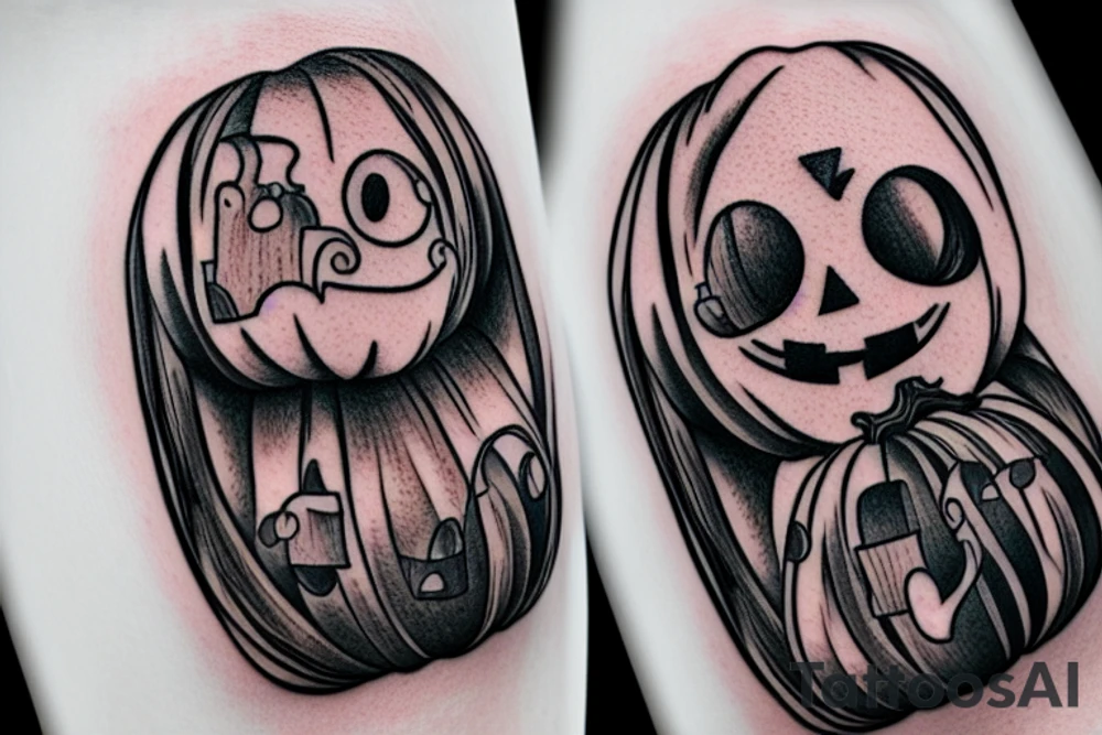 This tattoo shows a big ghost holding a small pumpkin trick-or-treat basket. The pumpkin is carved with a face. The tattoo could be done in a realistic or cartoon style. tattoo idea