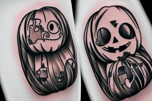 This tattoo shows a big ghost holding a small pumpkin trick-or-treat basket. The pumpkin is carved with a face. The tattoo could be done in a realistic or cartoon style. tattoo idea