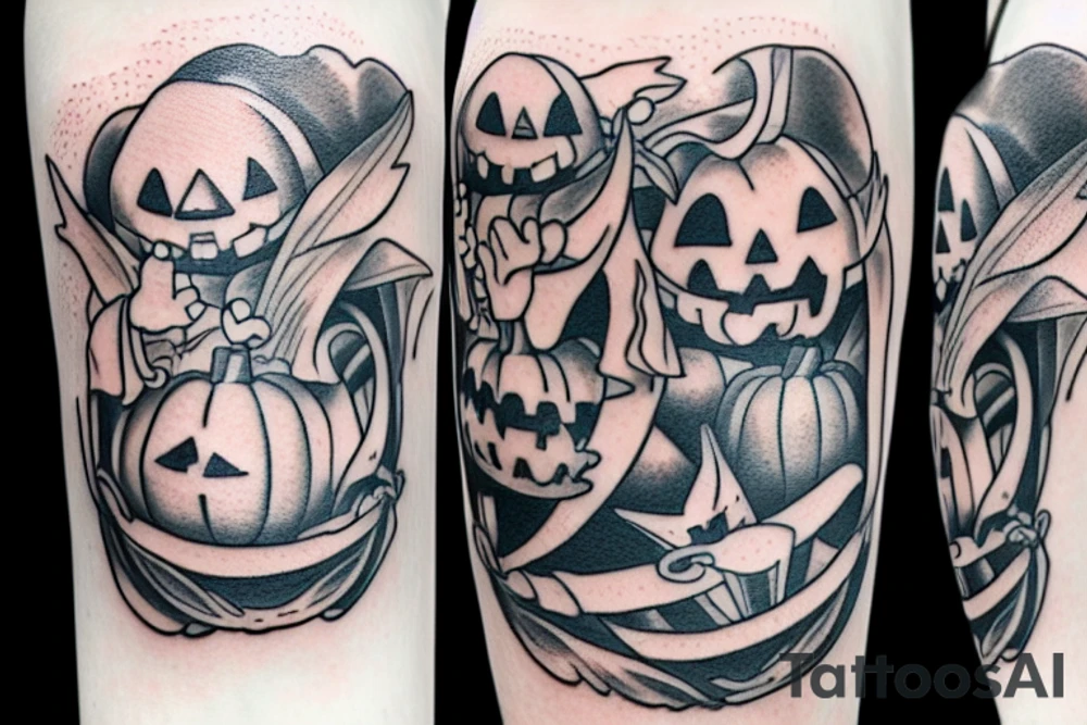 This tattoo shows a big ghost holding a small pumpkin trick-or-treat basket. The tattoo could be done in a realistic or cartoon style. tattoo idea