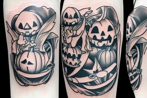 This tattoo shows a big ghost holding a small pumpkin trick-or-treat basket. The tattoo could be done in a realistic or cartoon style. tattoo idea