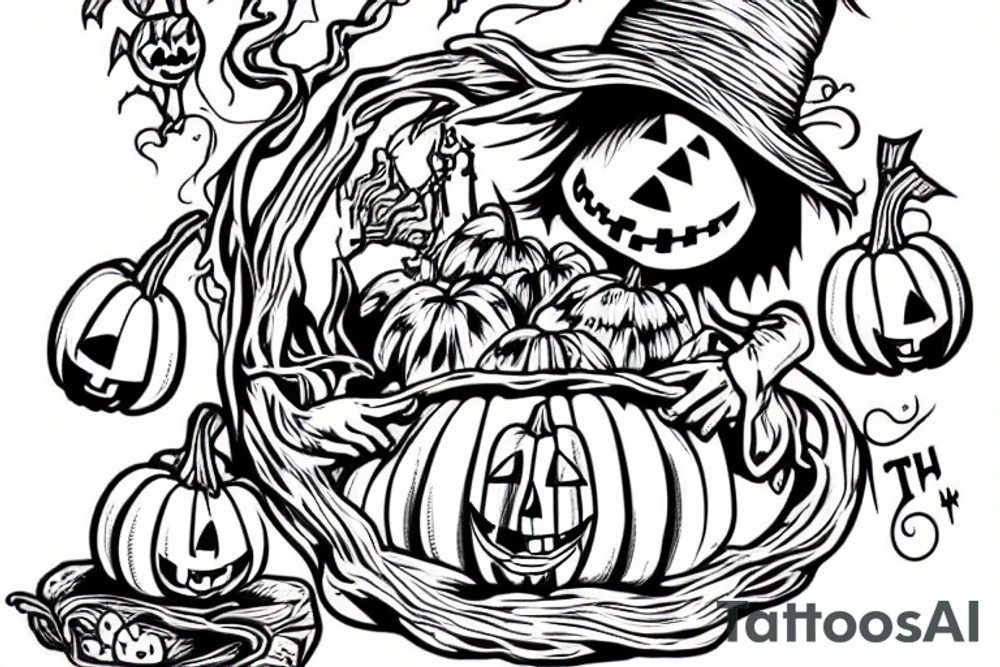 This tattoo shows a big ghost holding a small pumpkin trick-or-treat basket. The tattoo could be done in a realistic or cartoon style. tattoo idea