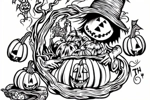 This tattoo shows a big ghost holding a small pumpkin trick-or-treat basket. The tattoo could be done in a realistic or cartoon style. tattoo idea