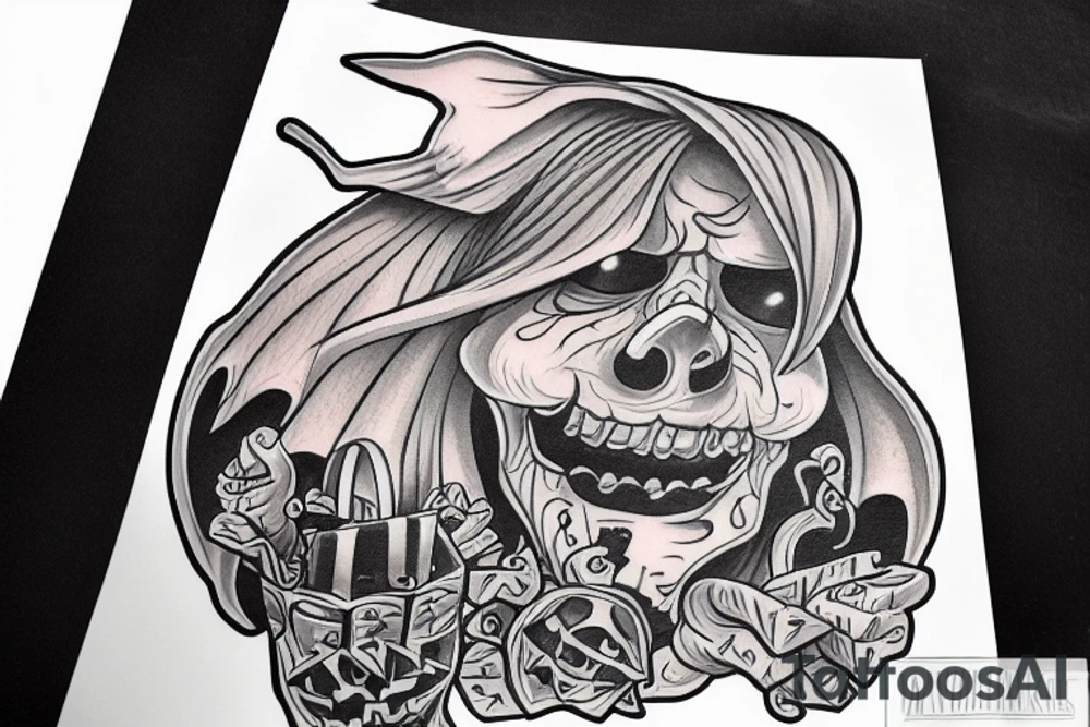 This tattoo shows a big ghost holding a small trick-or-treat basket. The tattoo could be done in a realistic or cartoon style. tattoo idea