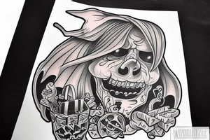 This tattoo shows a big ghost holding a small trick-or-treat basket. The tattoo could be done in a realistic or cartoon style. tattoo idea