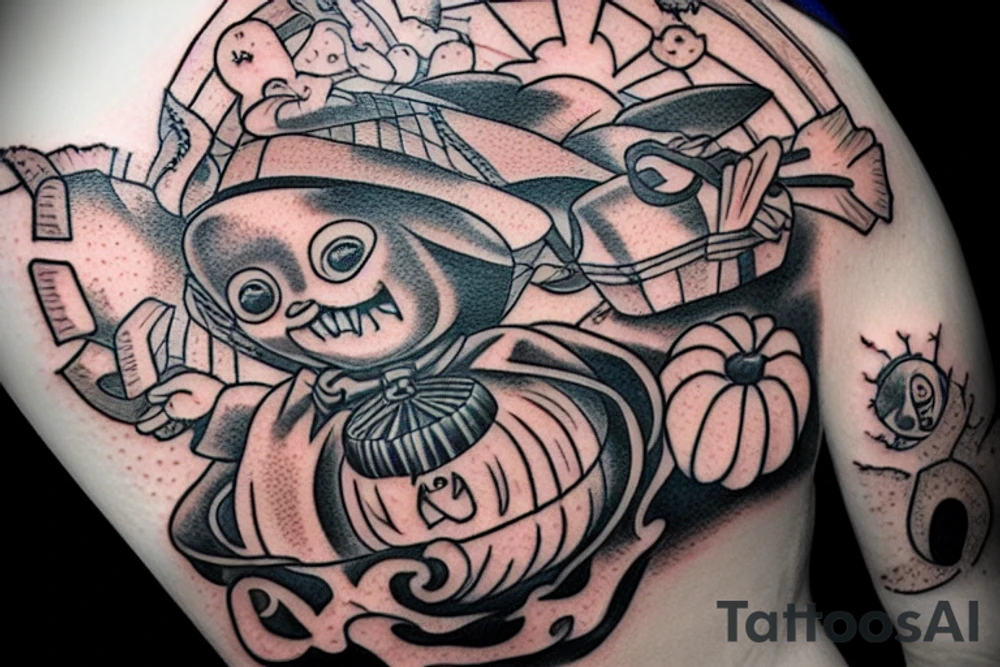 This tattoo shows a big ghost holding a small trick-or-treat basket. The tattoo could be done in a realistic or cartoon style. tattoo idea