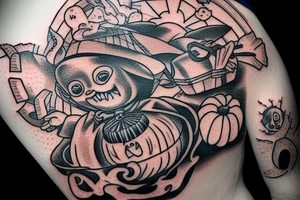 This tattoo shows a big ghost holding a small trick-or-treat basket. The tattoo could be done in a realistic or cartoon style. tattoo idea