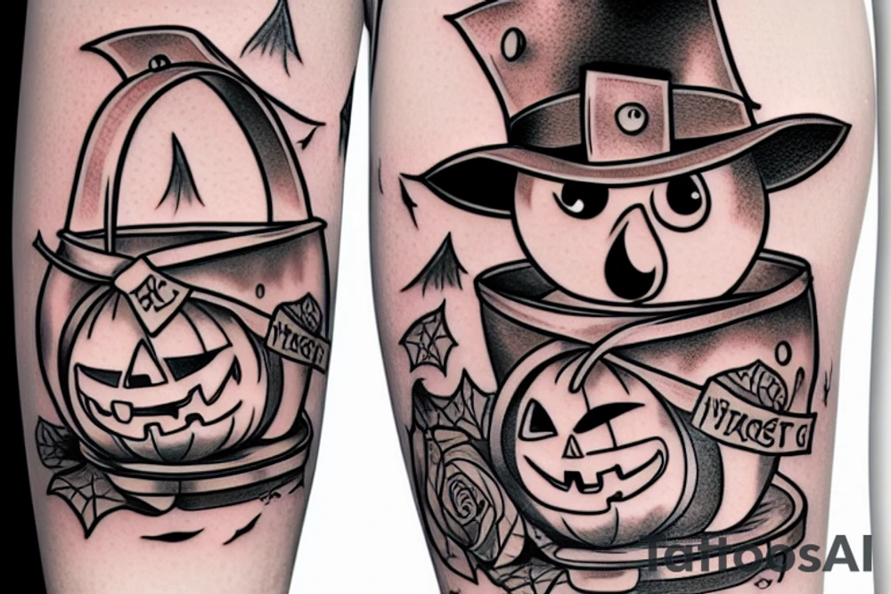This tattoo shows a Adorable Pixar ghost holding a small trick-or-treat basket. The tattoo could be done in a realistic or cartoon style. tattoo idea