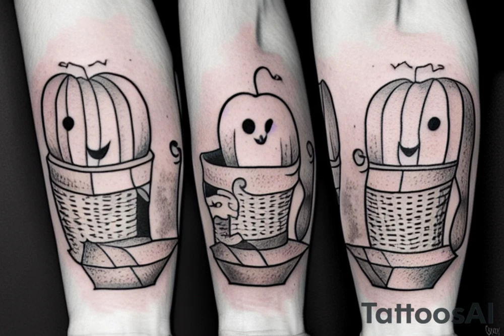 This tattoo shows a Adorable ghost holding a small trick-or-treat basket. The tattoo could be done in a realistic or cartoon style. tattoo idea