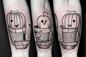 This tattoo shows a Adorable ghost holding a small trick-or-treat basket. The tattoo could be done in a realistic or cartoon style. tattoo idea