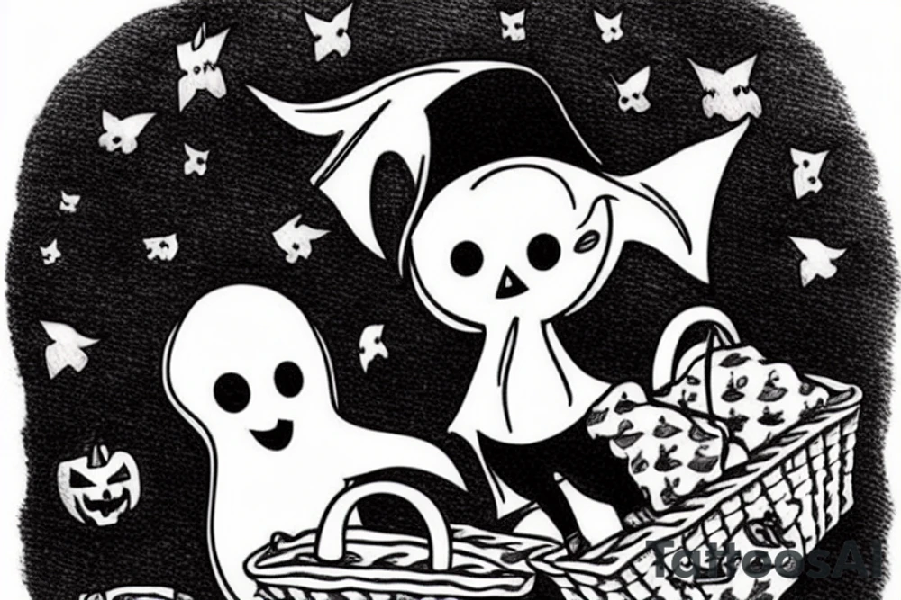 This tattoo shows a Adorable ghost holding a small trick-or-treat basket. The tattoo could be done in a realistic or cartoon style. tattoo idea