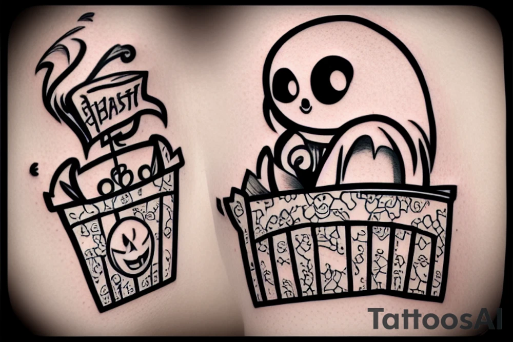 This tattoo shows an Adorable ghost holding a small trick-or-treat basket. The tattoo could be done in a realistic or cartoon style. tattoo idea