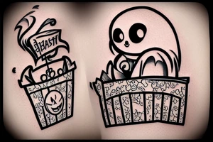 This tattoo shows an Adorable ghost holding a small trick-or-treat basket. The tattoo could be done in a realistic or cartoon style. tattoo idea