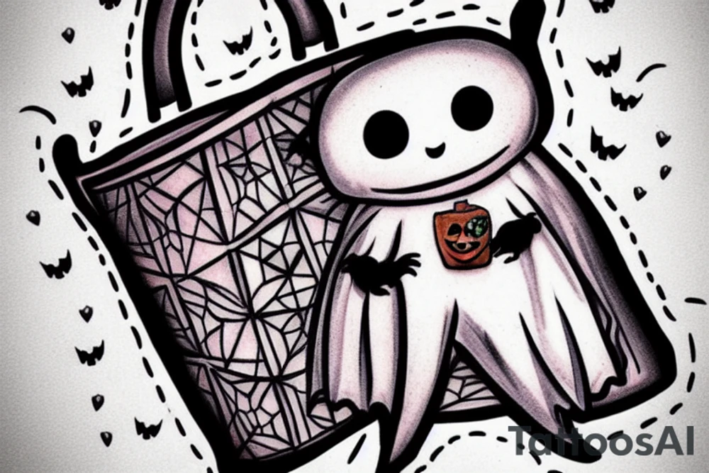 This tattoo shows an Adorable ghost holding a small trick-or-treat basket. The tattoo could be done in a realistic or cartoon style. tattoo idea