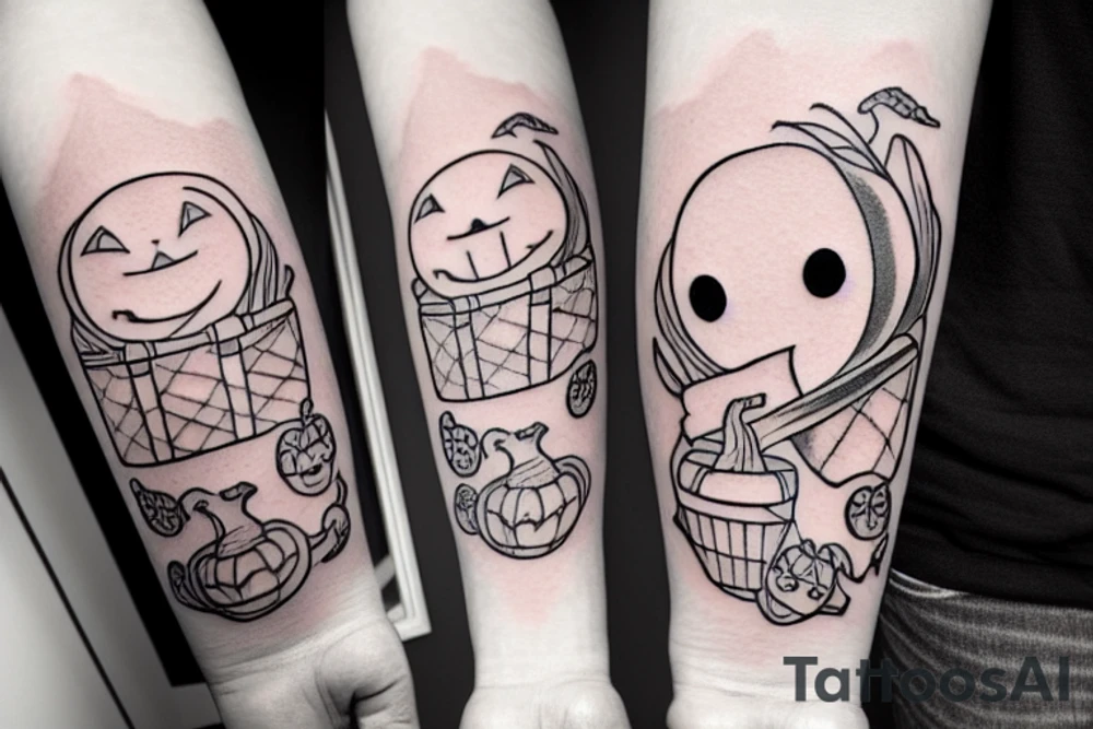 This tattoo shows an Adorable ghost holding an adorable pumpkin trick-or-treat basket. The tattoo could be done in a realistic or cartoon style. tattoo idea