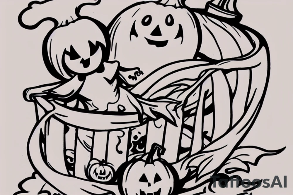 This tattoo shows an Adorable ghost holding an adorable pumpkin trick-or-treat basket. The tattoo could be done in a realistic or cartoon style. tattoo idea