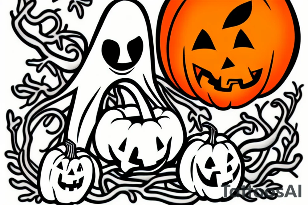 This tattoo shows an Adorable ghost holding an adorable pumpkin trick-or-treat basket. The tattoo could be done in a realistic or cartoon style. tattoo idea