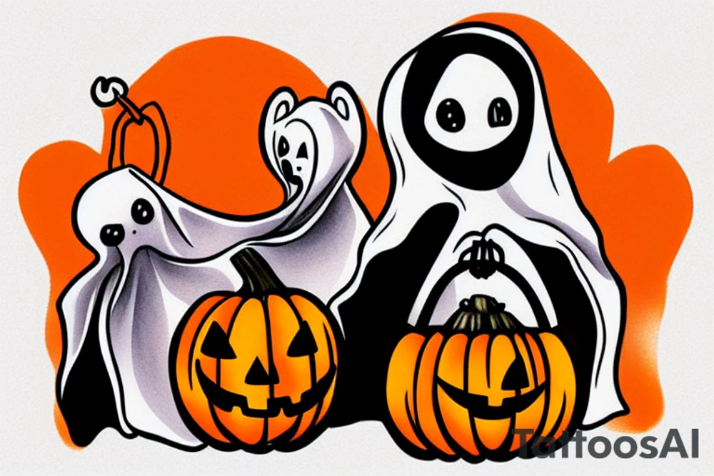 This tattoo shows an Adorable ghost holding an adorable pumpkin trick-or-treat basket. The tattoo could be done in a realistic or cartoon style. tattoo idea