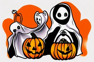 This tattoo shows an Adorable ghost holding an adorable pumpkin trick-or-treat basket. The tattoo could be done in a realistic or cartoon style. tattoo idea