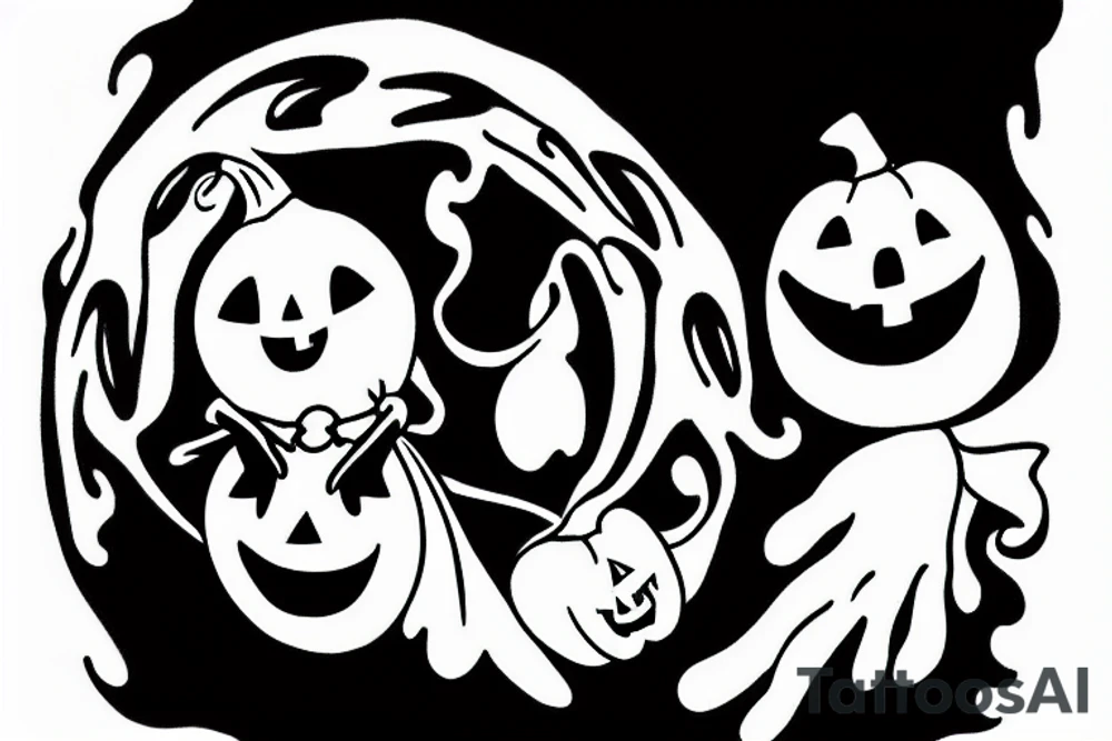 This tattoo shows an Adorable ghost holding an adorable pumpkin trick-or-treat basket. The tattoo could be done in a realistic or cartoon style. tattoo idea