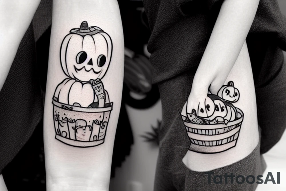 This tattoo shows an Adorable ghost holding an adorable pumpkin trick-or-treat basket. The tattoo could be done in a realistic or cartoon style. tattoo idea