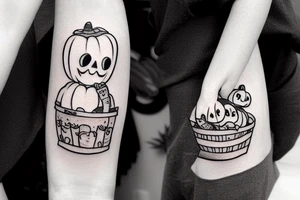 This tattoo shows an Adorable ghost holding an adorable pumpkin trick-or-treat basket. The tattoo could be done in a realistic or cartoon style. tattoo idea