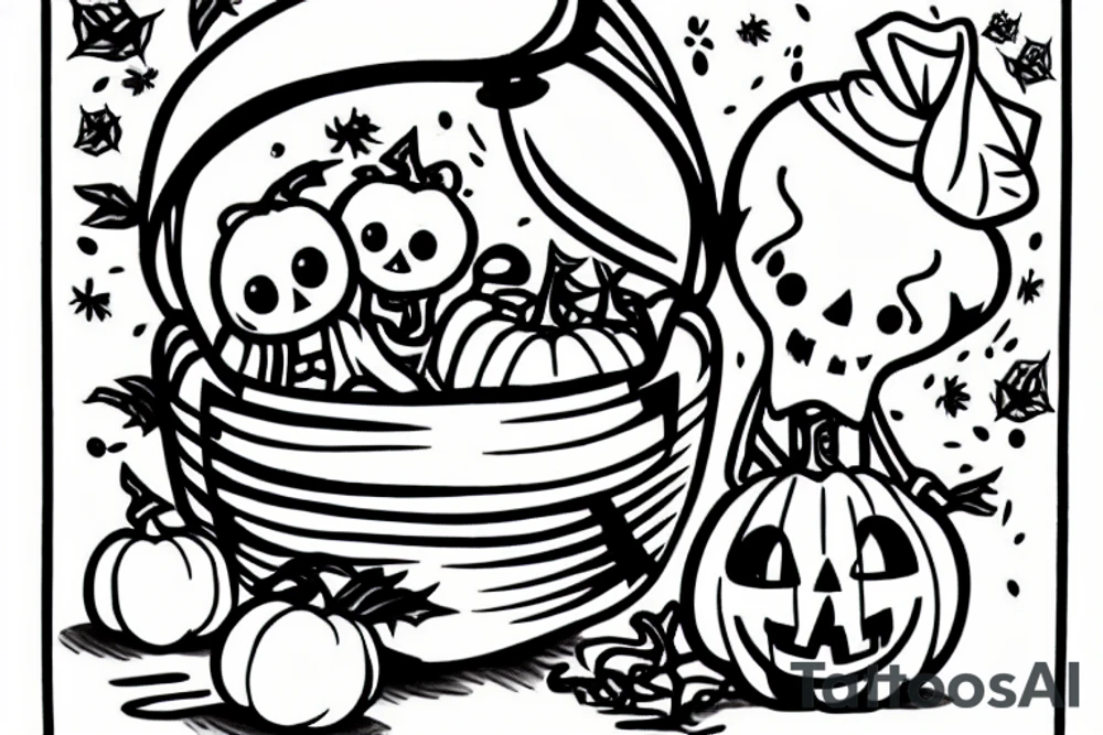This tattoo shows an Adorable ghost holding an adorable pumpkin trick-or-treat basket. tattoo idea