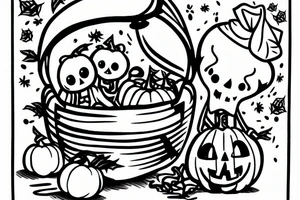 This tattoo shows an Adorable ghost holding an adorable pumpkin trick-or-treat basket. tattoo idea