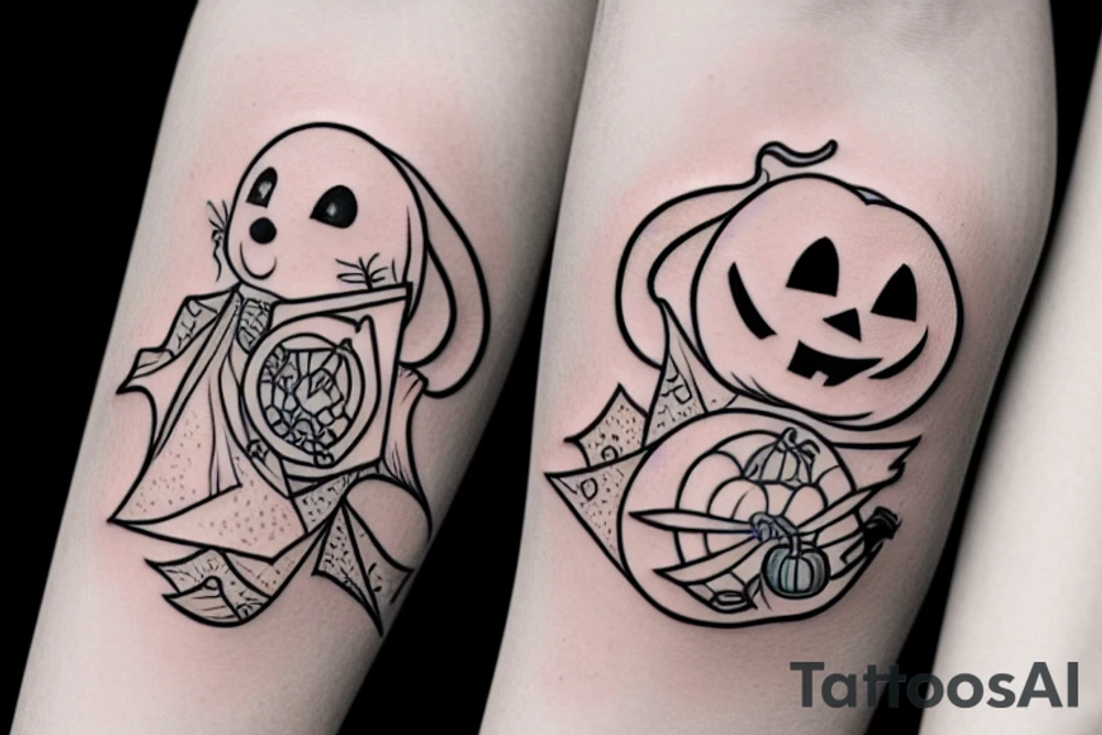 This tattoo shows an Adorable ghost, holding a tiny adorable pumpkin trick-or-treat basket. tattoo idea