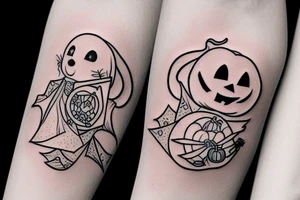 This tattoo shows an Adorable ghost, holding a tiny adorable pumpkin trick-or-treat basket. tattoo idea