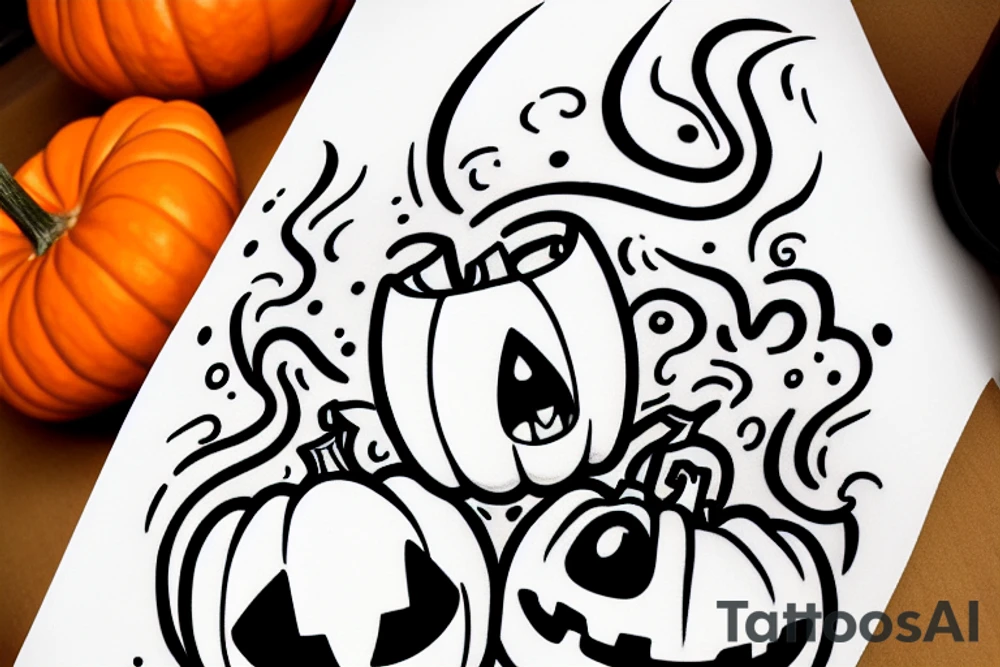 This tattoo shows an Adorable ghost, holding a tiny adorable pumpkin trick-or-treat basket. tattoo idea