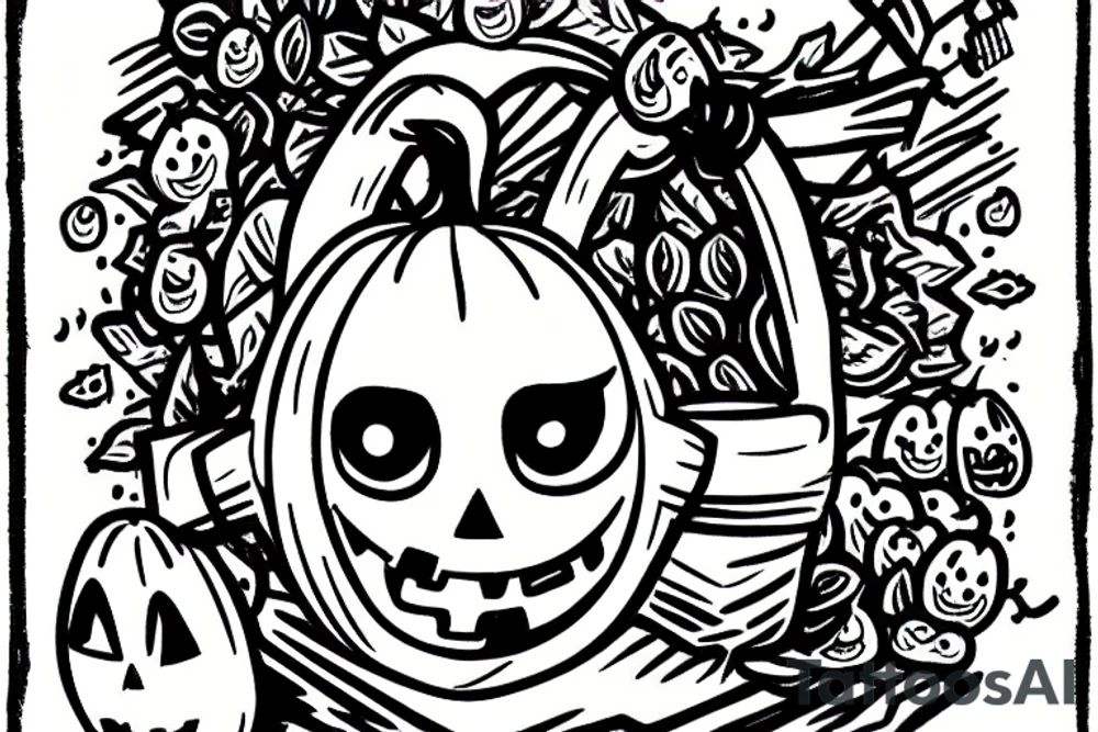 An Adorable ghost, holding a tiny adorable pumpkin trick-or-treat basket. tattoo idea