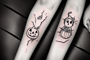 This tattoo is An Adorable ghost, holding a tiny adorable pumpkin trick-or-treat basket. tattoo idea