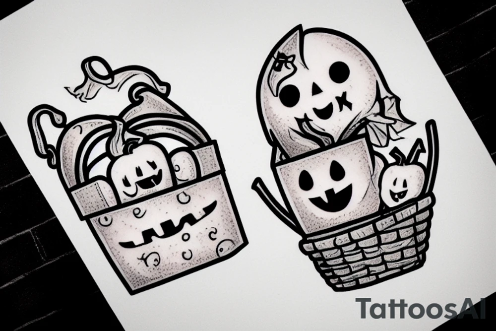This tattoo is An Adorable ghost, holding a tiny adorable pumpkin trick-or-treat basket. tattoo idea