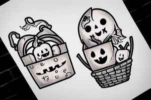 This tattoo is An Adorable ghost, holding a tiny adorable pumpkin trick-or-treat basket. tattoo idea