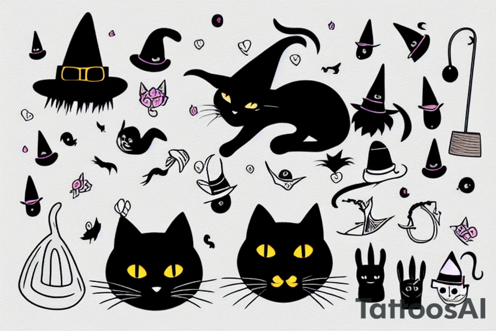 Black cat with funny hat and a sweater riding a witch's broom tattoo idea
