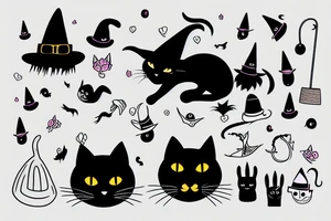 Black cat with funny hat and a sweater riding a witch's broom tattoo idea