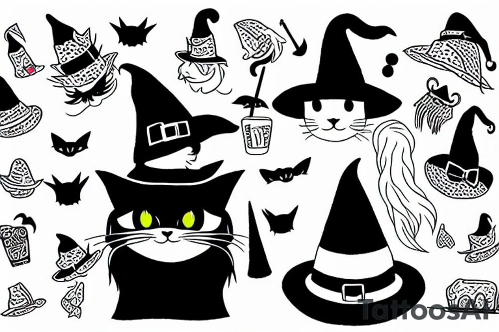 Black cat with funny hat and a sweater riding a witch's broom tattoo idea