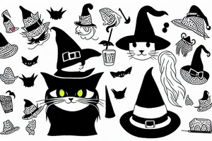 Black cat with funny hat and a sweater riding a witch's broom tattoo idea