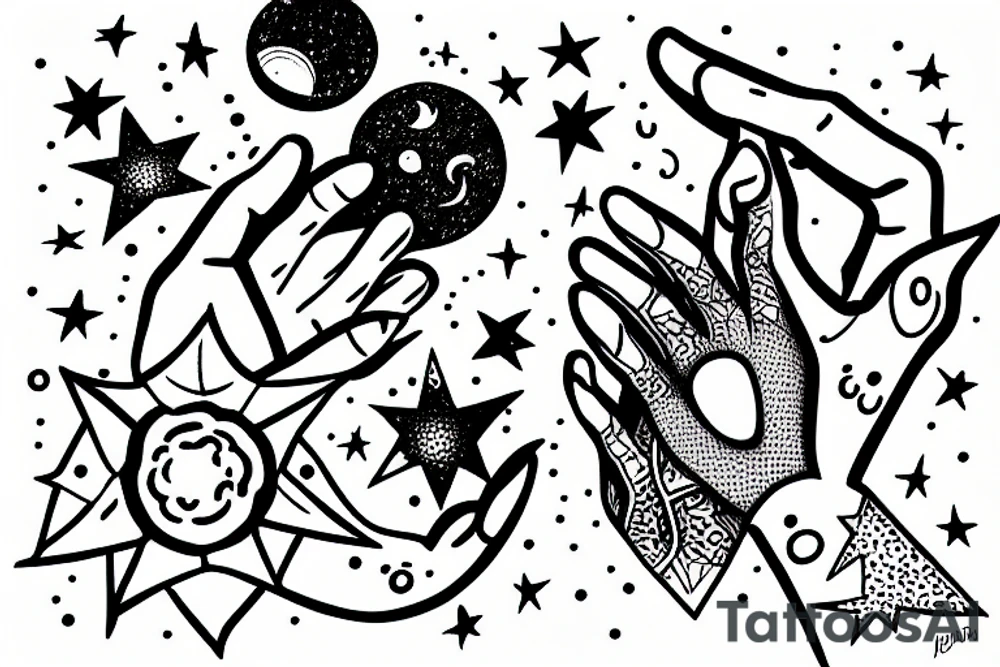 Abstract drawing of a woman's hand surrounded by the moon and stars tattoo idea