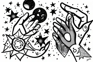 Abstract drawing of a woman's hand surrounded by the moon and stars tattoo idea