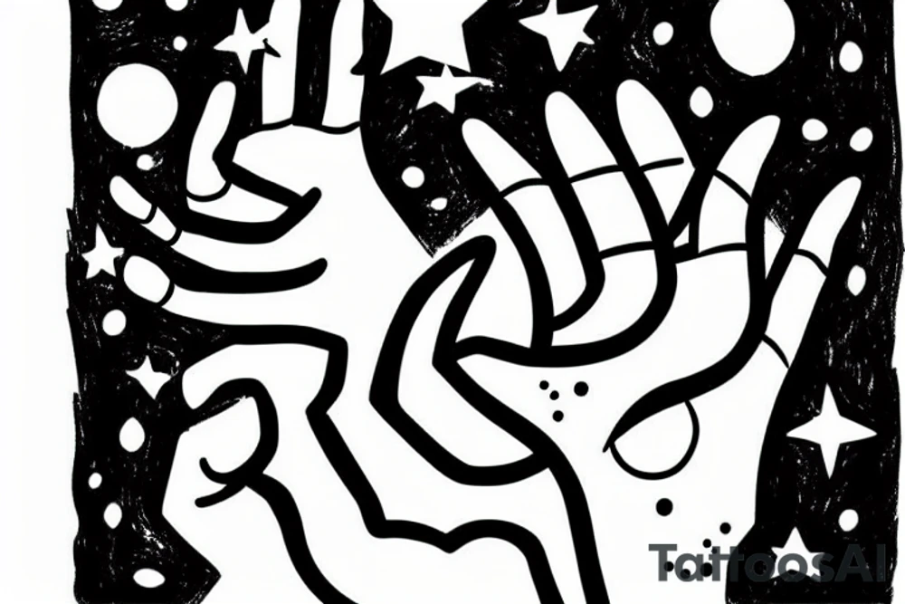 Abstract drawing of a woman's hand surrounded by the moon and stars tattoo idea